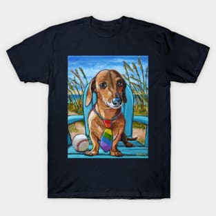 Cute Dachshund on the Beach with Rainbow Tie T-Shirt